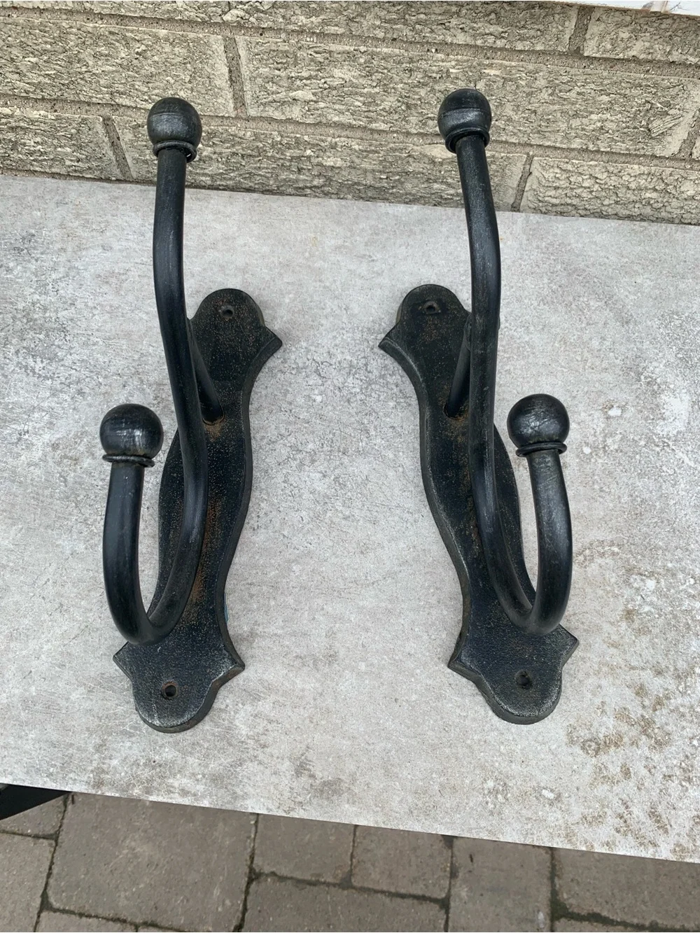 Cast iron Black Rustic Double Wall Hooks (Pair) - Home Wall Decor. 10”